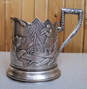 Довоенный подстаканник «охота на медведя» серебро 875.