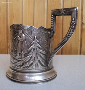 Довоенный подстаканник «охота на медведя» серебро 875.