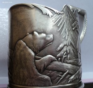 Довоенный подстаканник «охота на медведя» серебро 875.