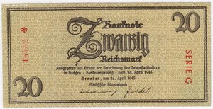 20 рейхсмарок  1945 год. Германия, Саксония.. RR..
