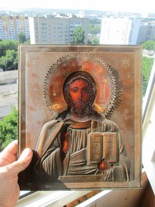 Икона " Господь Вседержитель" Штихельный оклад. Аналой.