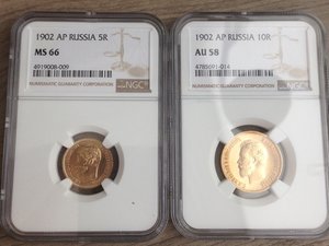 5 и 10 руб 1902 год, NGC MS66 и AU58