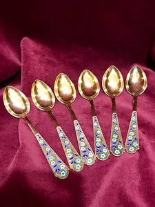 Набор 6 чайных ложек. СССР, серебро 875 пробы, эмаль. Новые