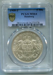 5 марок Гамбург в слабе PCGS MS64