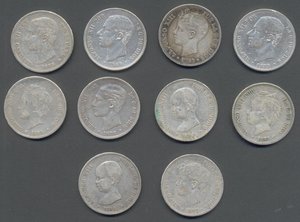 Испания 5 песет 1875-1898 гг. 10 шт.