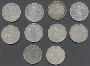 Испания 5 песет 1875-1898 гг. 10 шт.