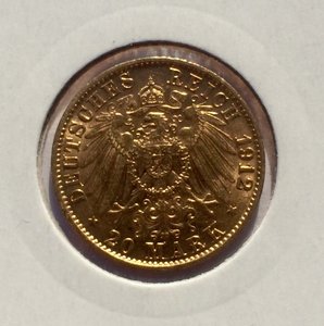 20 марок Вильгельм. 1912 год. Золото. Продажа.