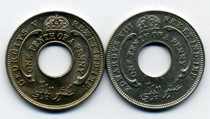 Западная Африка 1936г 1\10 пенни 2шт разных королей