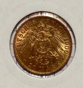 20 марок Вильгельм. 1900 год. Золото. Продажа.