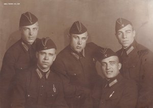 Группа советских военлётов. Пилотки. Форма. Жетоны.