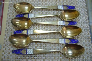 Ложки серебро 875 эмаль домики