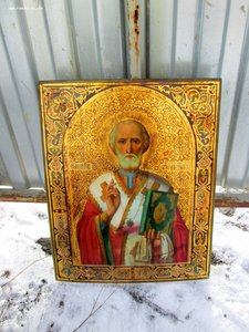 Форматная Икона "Николай Чудотворец" Сусальное золото.19 век