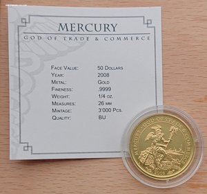 50 долларов 2008 Острова Кука Меркурий - Au999 вес: 7,78 гр