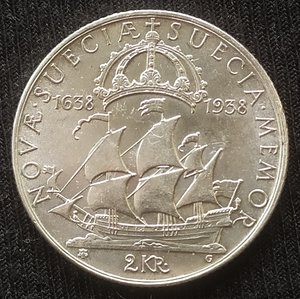 2 кроны 1938 (Швеция) Густав-V "300 лет поселению Делавэр"