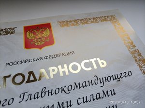 Благодарность верховного главнокоманд.вооруженными силами РФ