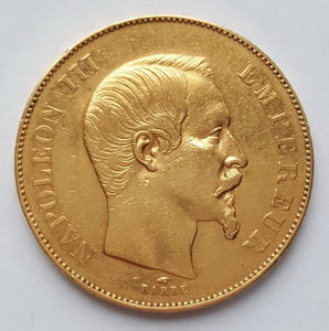 Франция 50 франков 1856 года Наполеон III (Au 900 16,13 гр.)