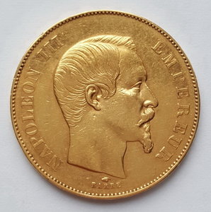 Франция 50 франков 1856 года Наполеон III (Au 900 16,13 гр.)