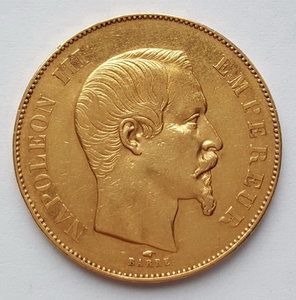 Франция 50 франков 1856 года Наполеон III (Au 900 16,13 гр.)