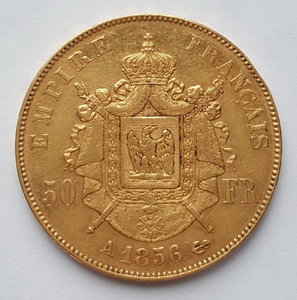 Франция 50 франков 1856 года Наполеон III (Au 900 16,13 гр.)