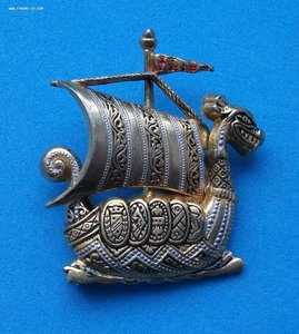 Брошь - Ладья, Галера 60-е годы, латунь, чернение - РЕДКАЯ!!