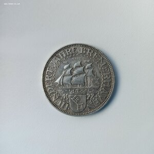 Германия, 5 рейхсмарок 1927 "100 лет Бремерхафену" RR