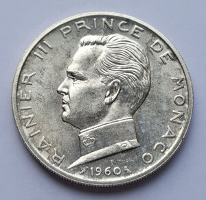 Монако 5 франков 1960 года ( UNC ) Ренье III