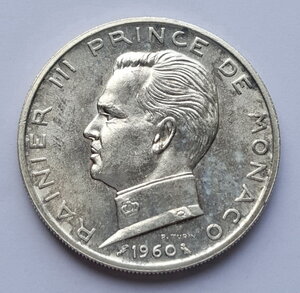 Монако 5 франков 1960 года ( UNC ) Ренье III