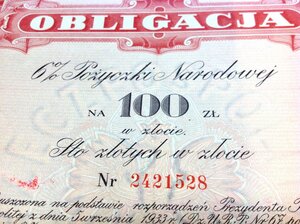 Облигация 6% Займа в 100 Злотых Золотом 1934 года