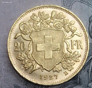 20 франков 1927 г. Швейцария, золото 900 пр.