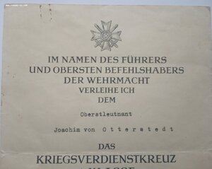 Наградной документ на KVK1 с мечами. "20.04.1942"