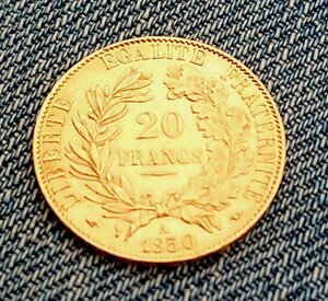 20 франков 1850 - Франция - золото 900, вес 6,45 гр