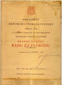 За  Свободу  Чехословакии  1 ст.+  миниатюра  +документ.