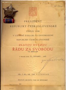 За  Свободу  Чехословакии  1 ст.+  миниатюра  +документ.