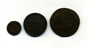 2 копейки 1766 , Полушка 1767 ем , 1 Копейка серебром 1842