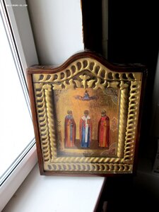 Икона "Сергий Радонежский, Николай Чудотворец, Серафим Саров