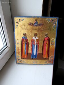 Икона "Сергий Радонежский, Николай Чудотворец, Серафим Саров