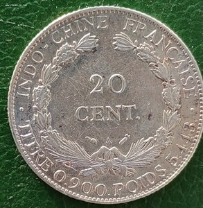 20 CENT. Французский Индокитай 1893 г. UNC Редкая