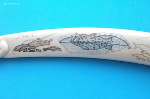 Клык моржа Уэлен, резьба по кости, цветной рисунок