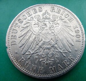 Германия, Пруссия, 5 марок 1901 г. 200 лет Династии. Серебро