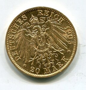 Пруссия. 20 марок 1905 золото