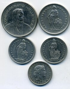 Франки швейцарские: 5, 2,1 фр ходячка