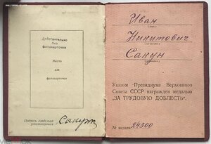 Медаль За трудовую доблесть. На документе.