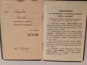Комплект документов на Мать Героиню
