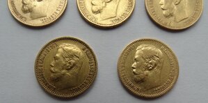 5 рублей Николай II,золото,лот из 5-ти монет