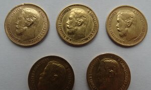 5 рублей Николай II,золото,лот из 5-ти монет