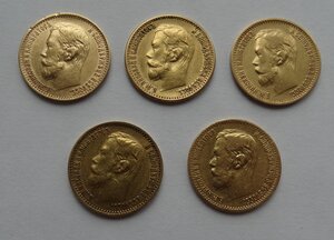 5 рублей Николай II,золото,лот из 5-ти монет