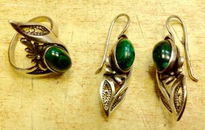 Набор Перстень и сережки Серебро 925 со звездой СССР Зеленые