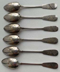 Комплект красивых довоенных чайных ложек 875 пробы, 6 штук.