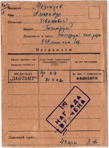 Отвага № 51.792 пропал без вести. Классный большой наградной