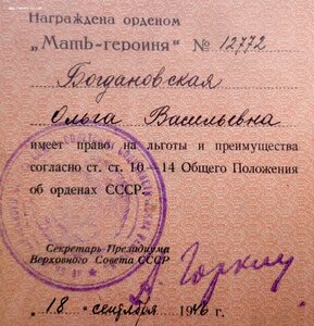 Орден Мать Героиня 12.772 ( Номер под Клеймом ) + Документ